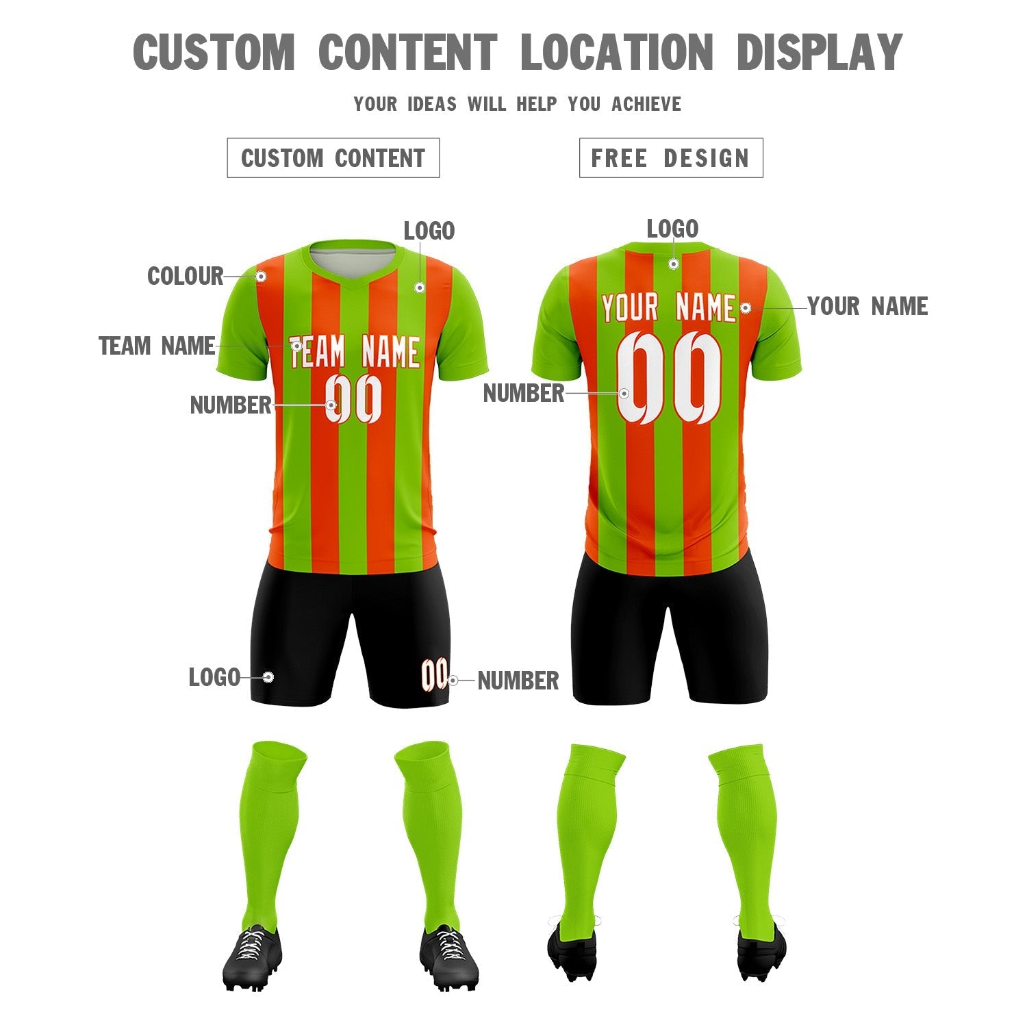 Custom Neon Green Orange Vertical Stripes Casual Outdoor Soccer Sets Jersey