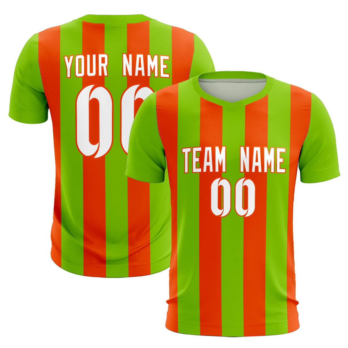 Custom Neon Green Orange Vertical Stripes Casual Outdoor Soccer Sets Jersey
