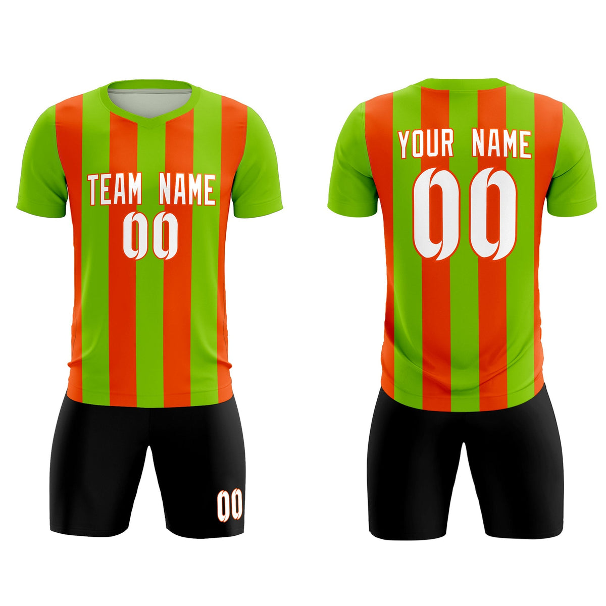 Custom Neon Green Orange Vertical Stripes Casual Outdoor Soccer Sets Jersey