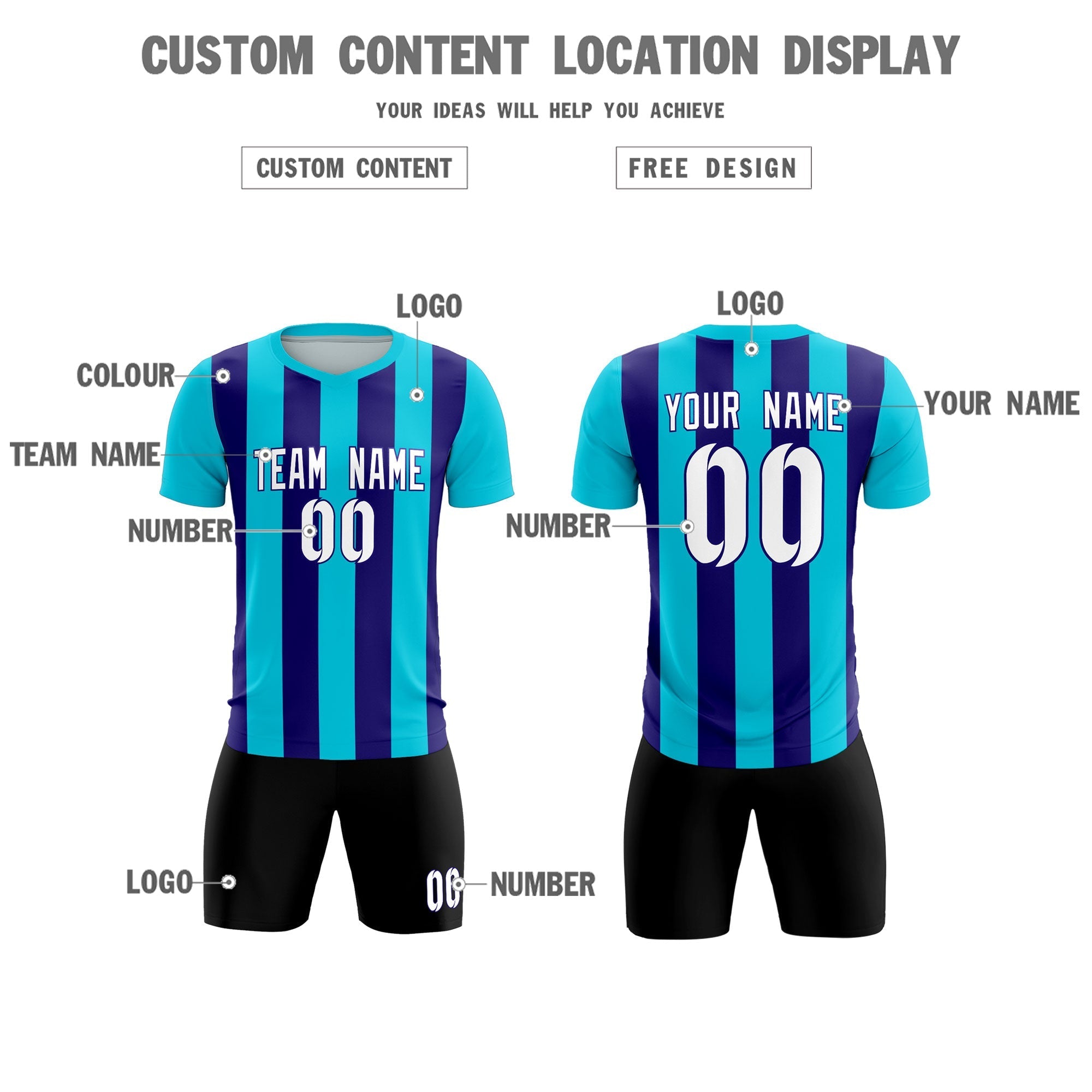 Custom Sky Blue Royal Vertical Stripes Casual Outdoor Soccer Sets Jersey