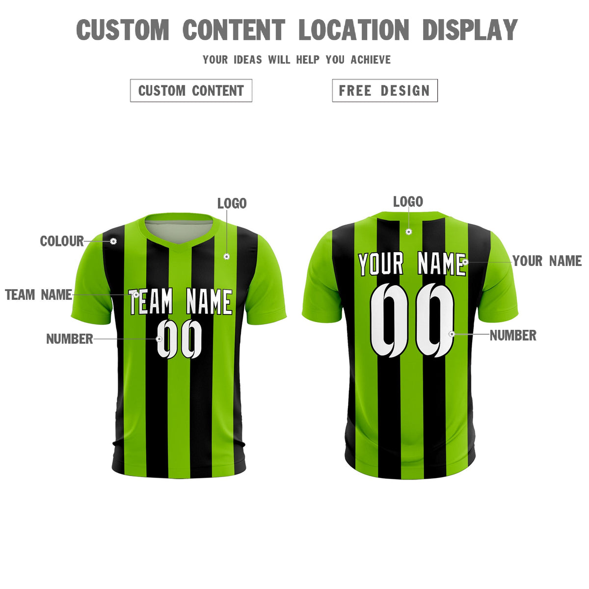 Custom Neon Green Black Vertical Stripes Casual Outdoor Soccer Sets Jersey