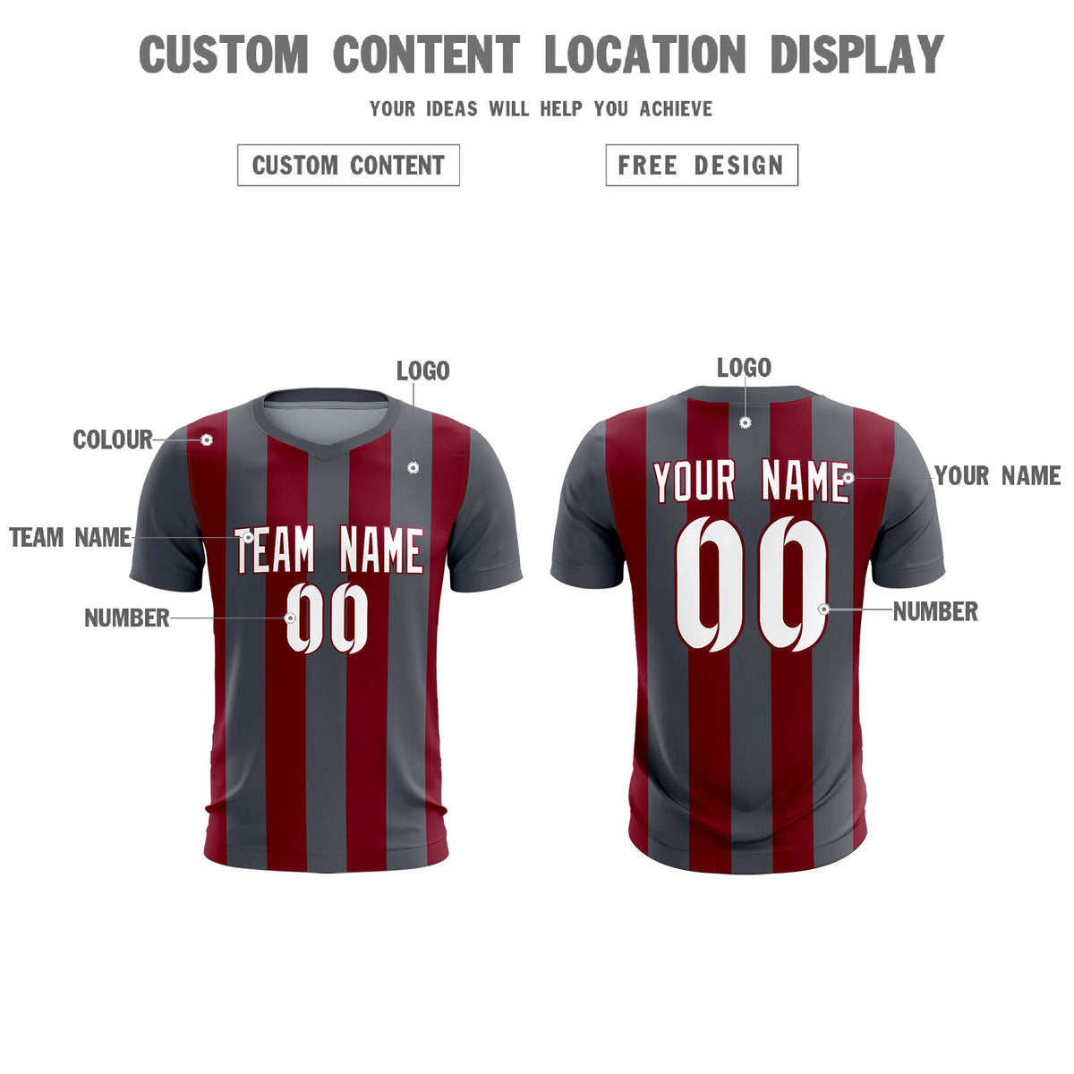 Custom Dark Gray Crimson Vertical Stripes Casual Outdoor Soccer Sets Jersey