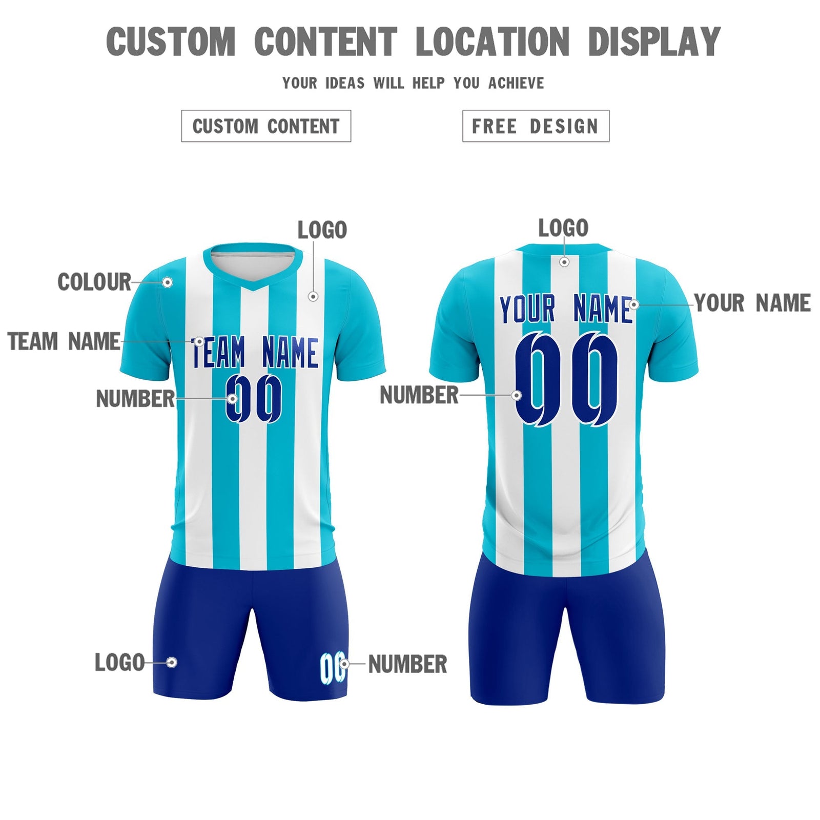 Custom White Sky Blue Vertical Stripes Casual Outdoor Soccer Sets Jersey