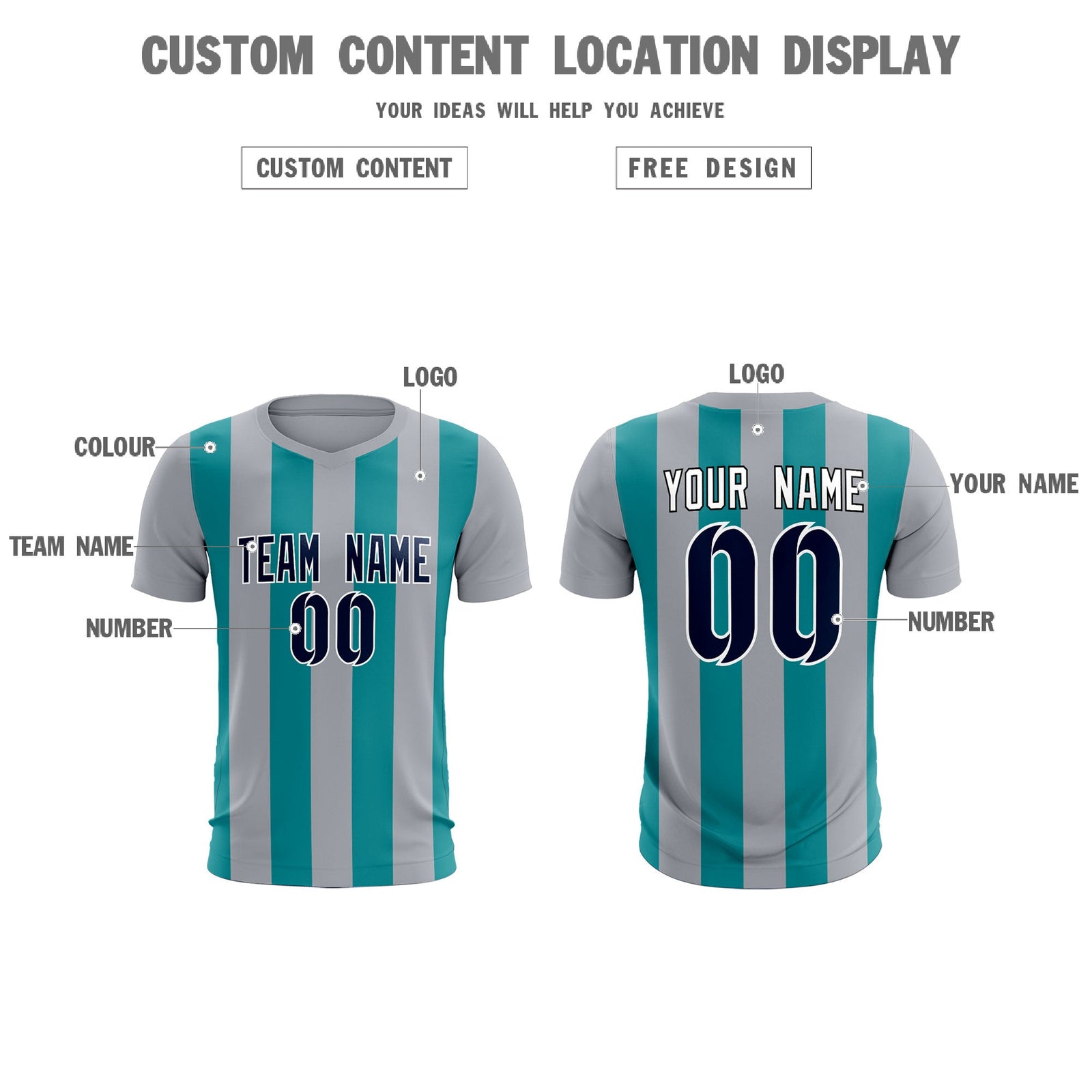 Custom Gray Aqua Vertical Stripes Casual Outdoor Soccer Sets Jersey