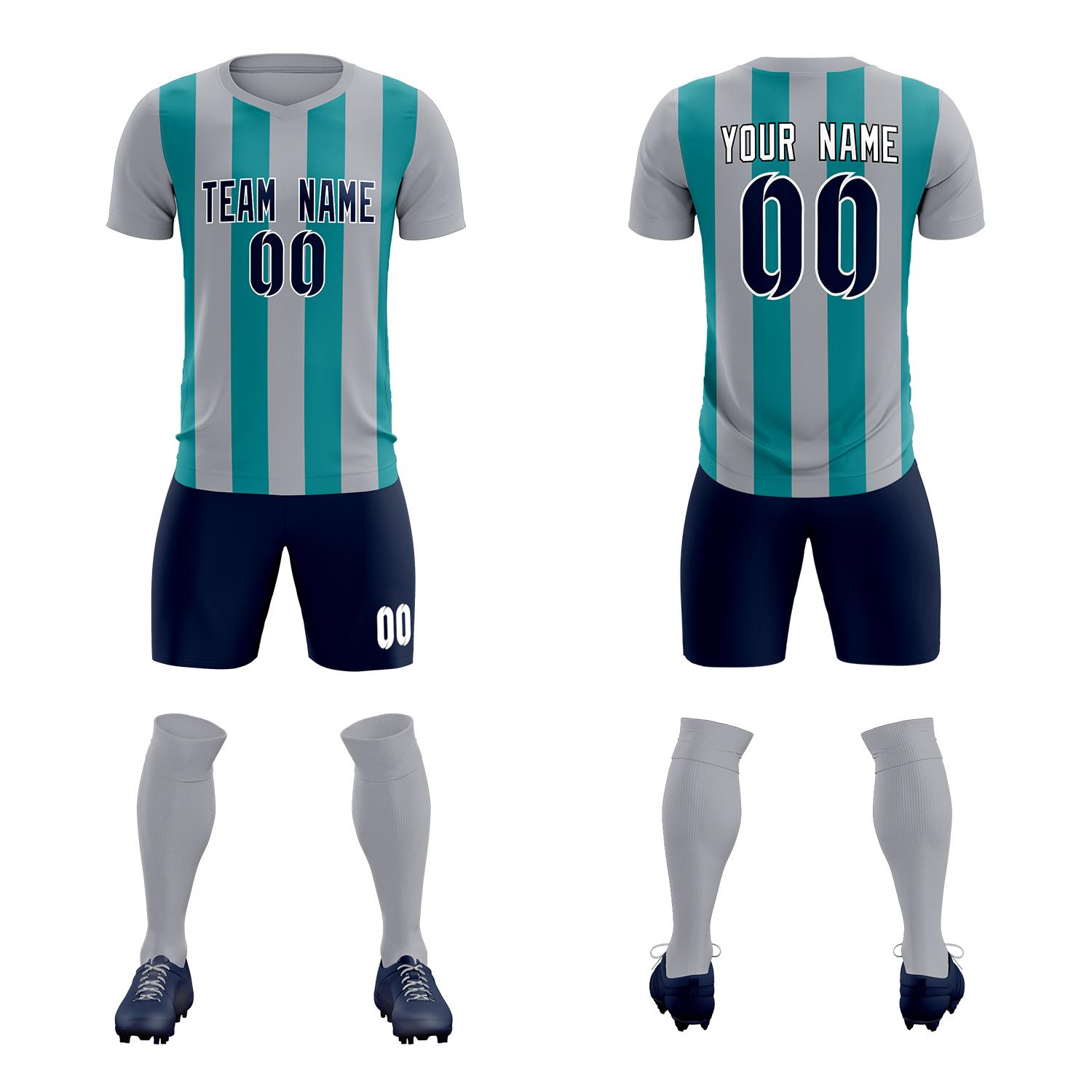 Custom Gray Aqua Vertical Stripes Casual Outdoor Soccer Sets Jersey