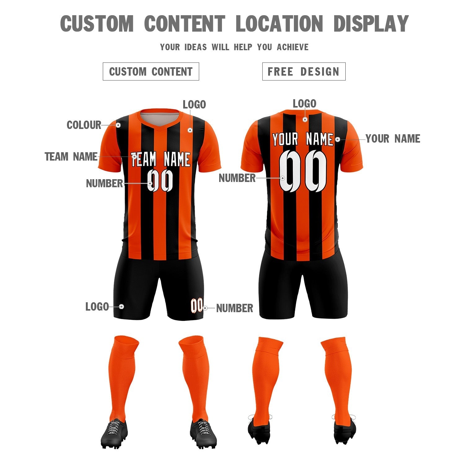 Custom Orange Black Vertical Stripes Casual Outdoor Soccer Sets Jersey