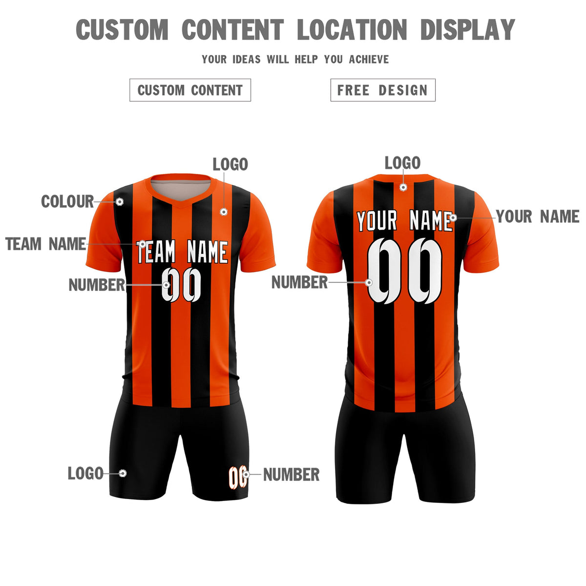 Custom Orange Black Vertical Stripes Casual Outdoor Soccer Sets Jersey