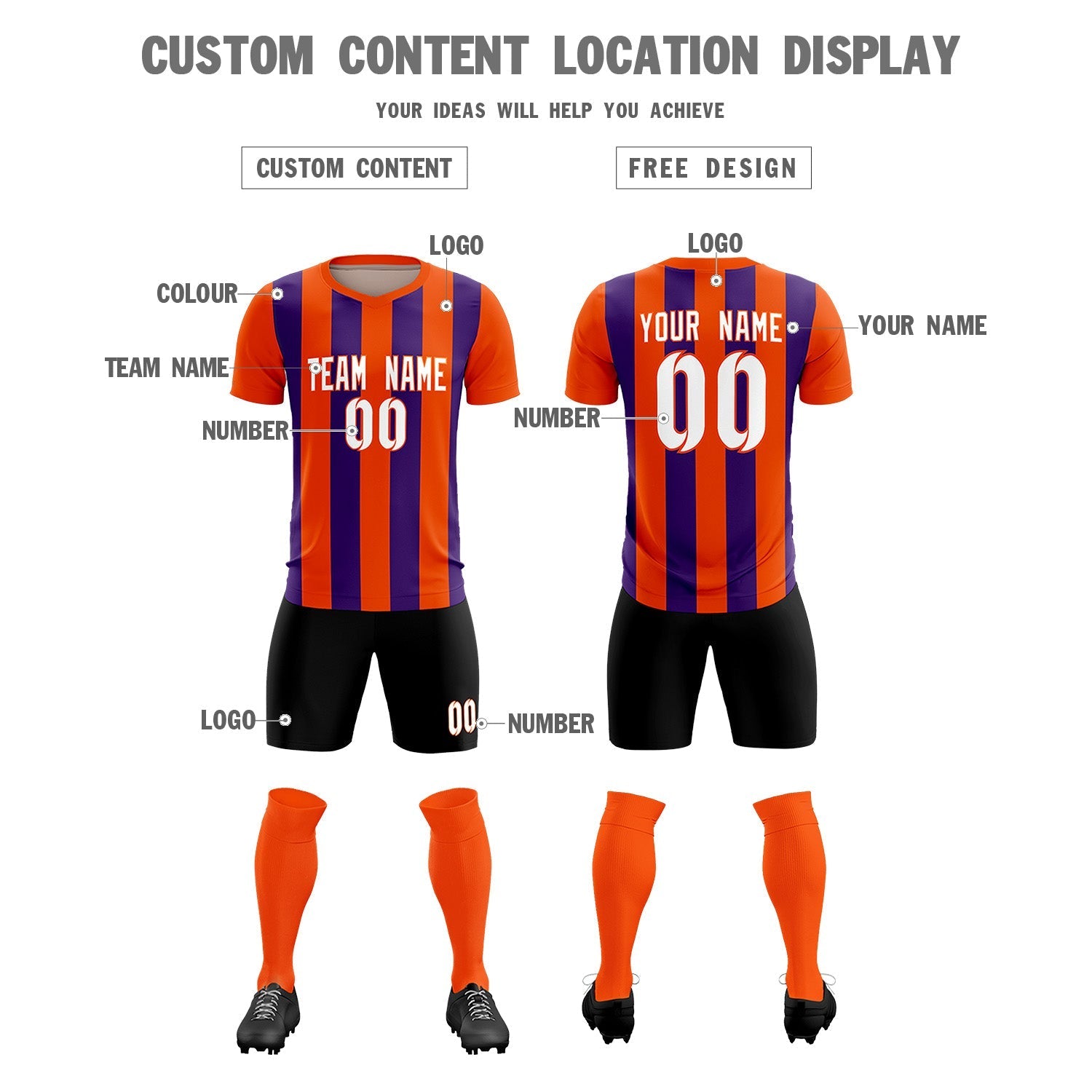 Custom Orange Purple Vertical Stripes Casual Outdoor Soccer Sets Jersey