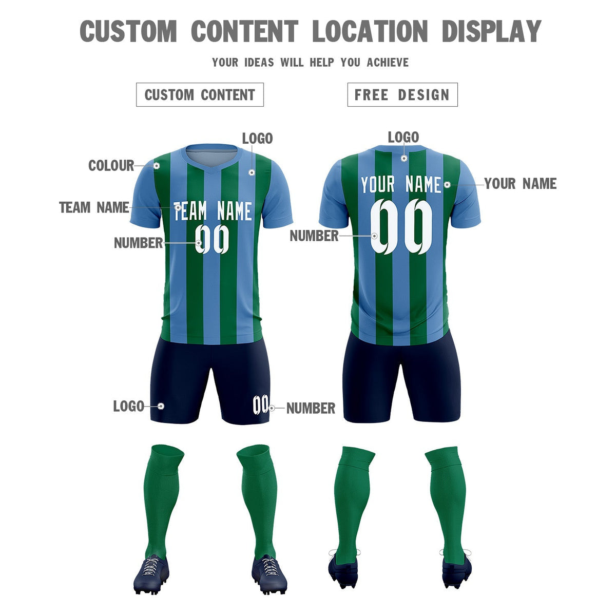 Custom Light Blue Kelly Green Vertical Stripes Casual Outdoor Soccer Sets Jersey