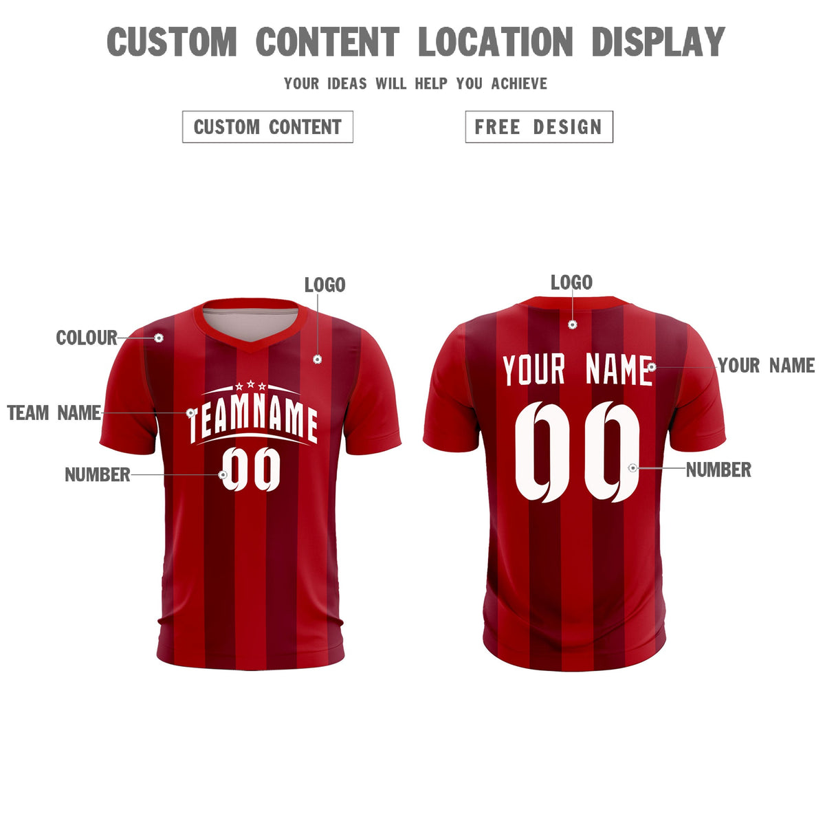 Custom Red Crimson Vertical Stripes Casual Outdoor Soccer Sets Jersey