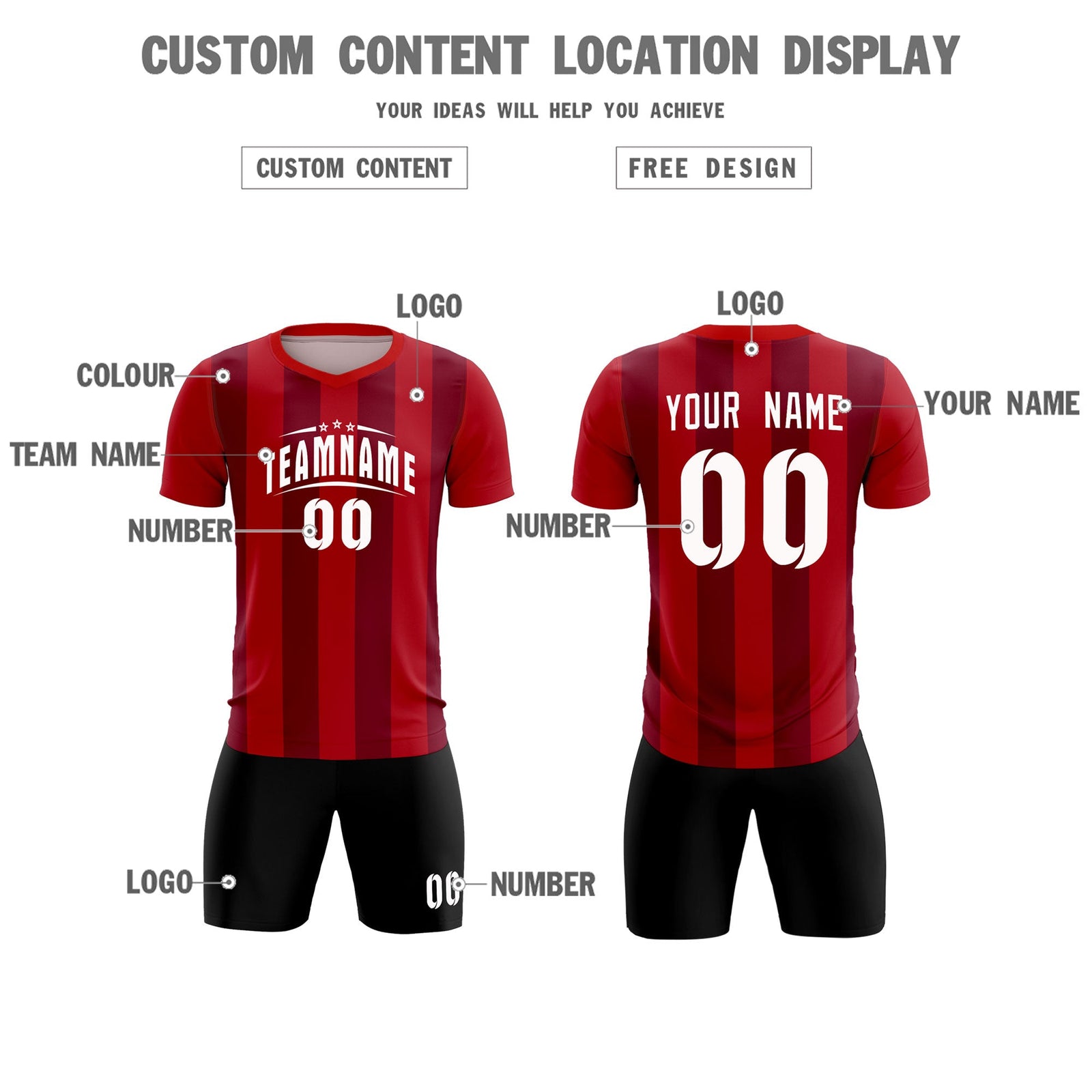 Custom Red Crimson Vertical Stripes Casual Outdoor Soccer Sets Jersey
