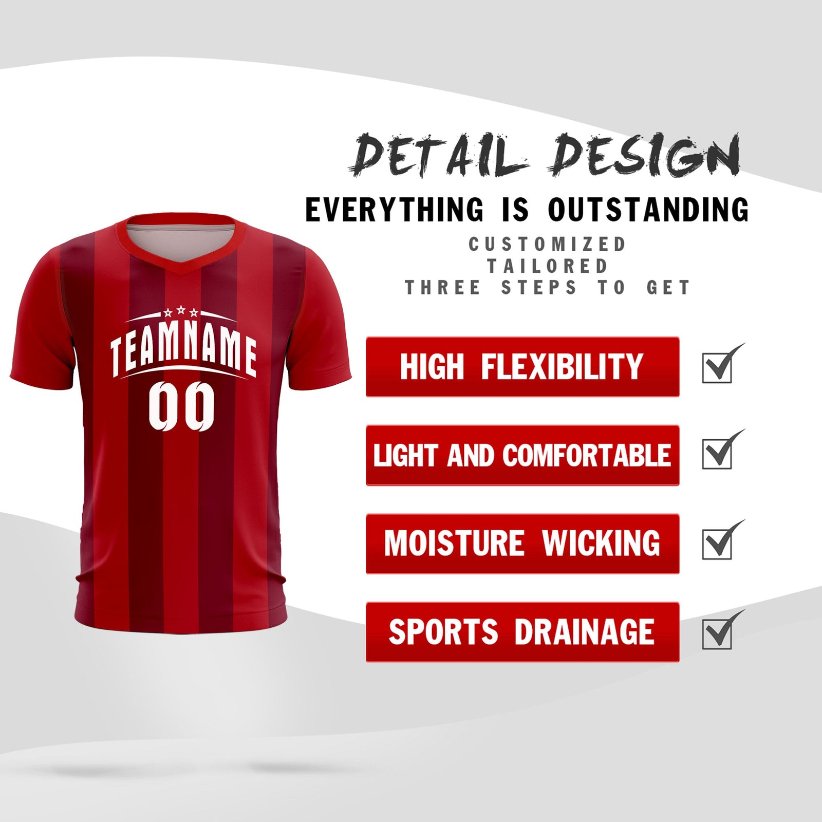 Custom Red Crimson Vertical Stripes Casual Outdoor Soccer Sets Jersey