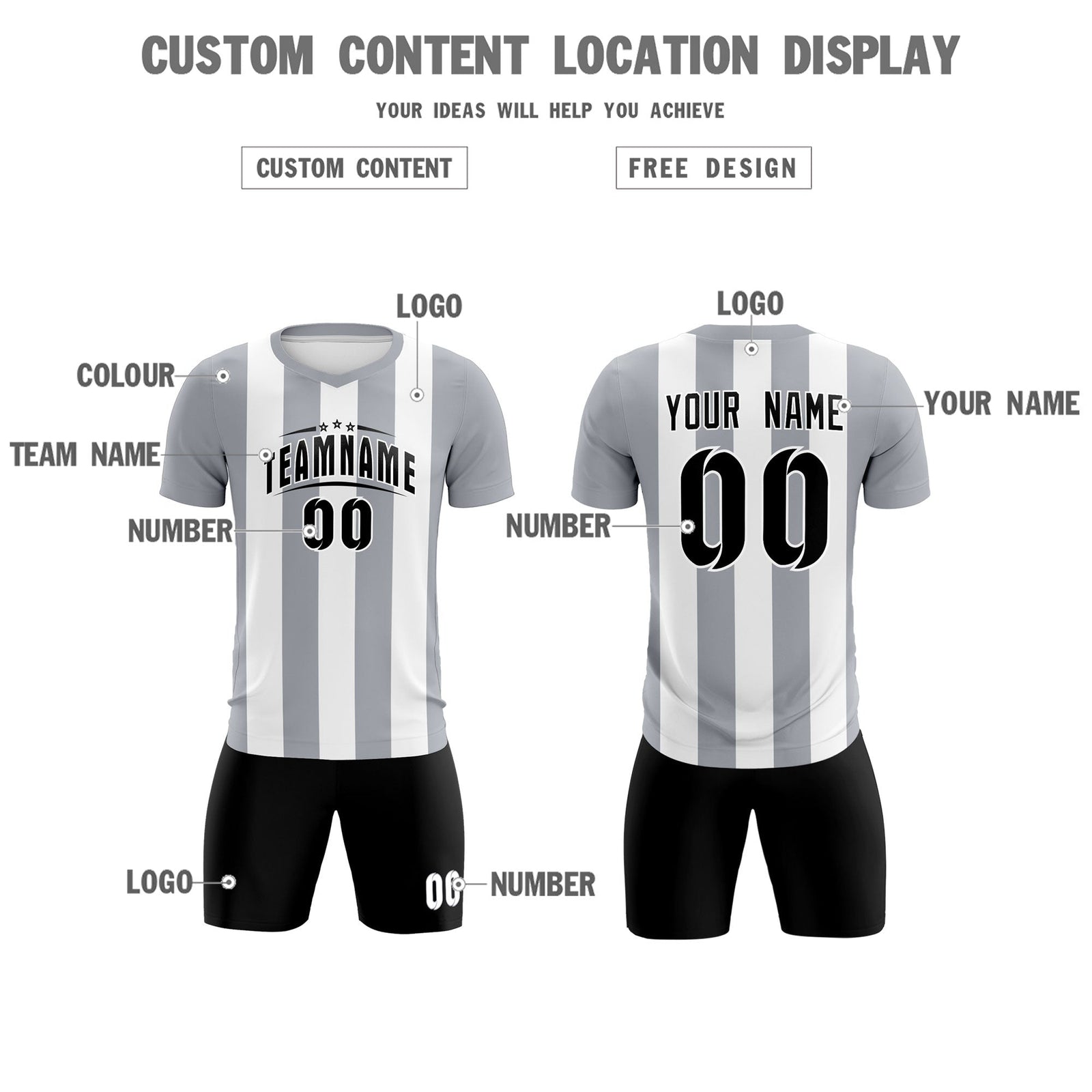 Custom White Gray Vertical Stripes Casual Outdoor Soccer Sets Jersey