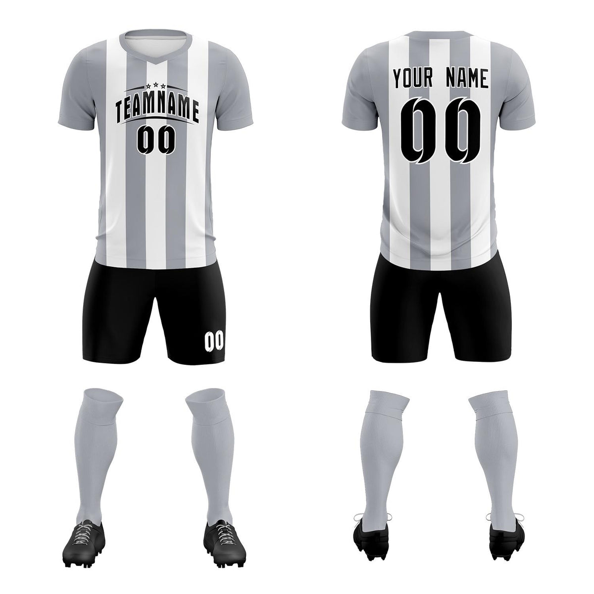 Custom White Gray Vertical Stripes Casual Outdoor Soccer Sets Jersey