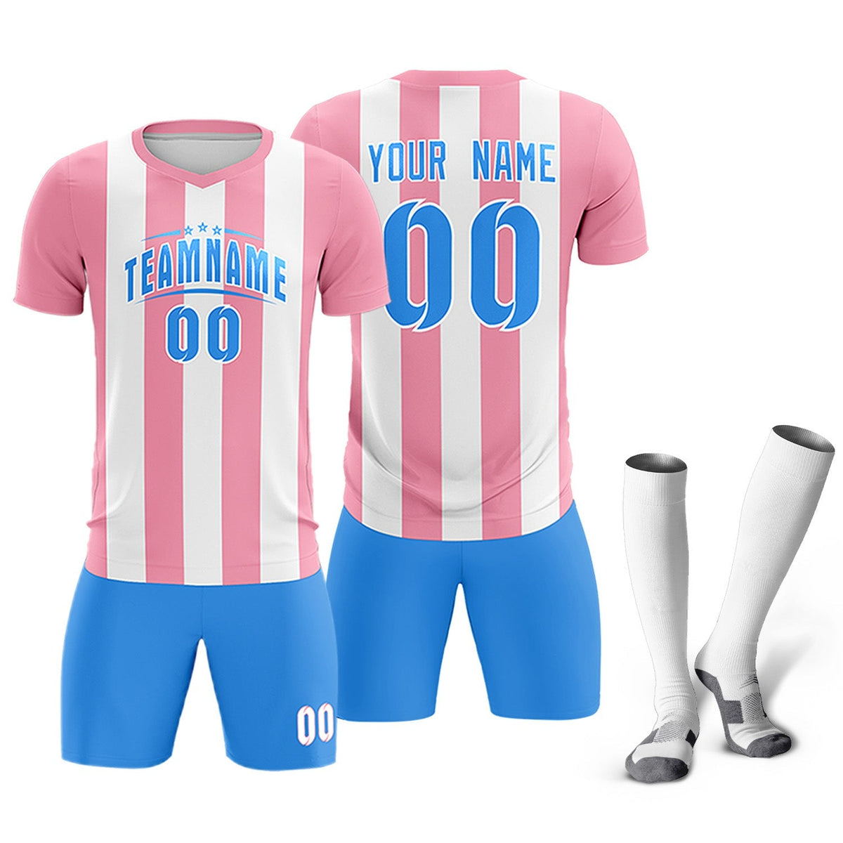 Custom White Light Pink Vertical Stripes Casual Outdoor Soccer Sets Jersey
