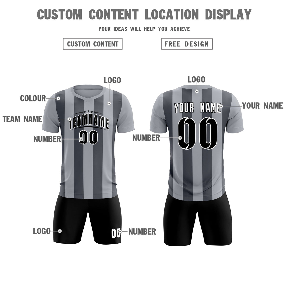 Custom Gray Dark Gray Vertical Stripes Casual Outdoor Soccer Sets Jersey