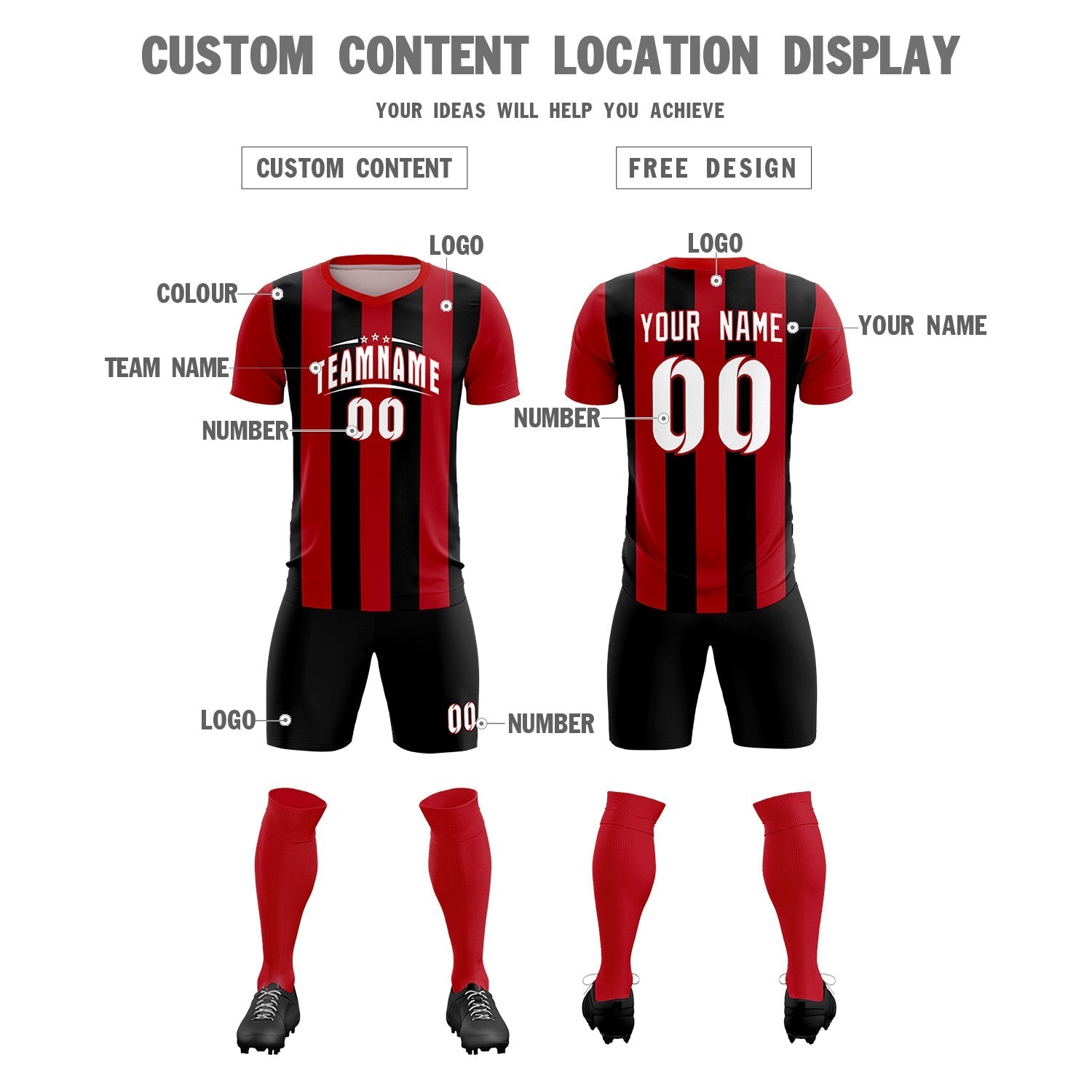 Custom Red Black Vertical Stripes Casual Outdoor Soccer Sets Jersey
