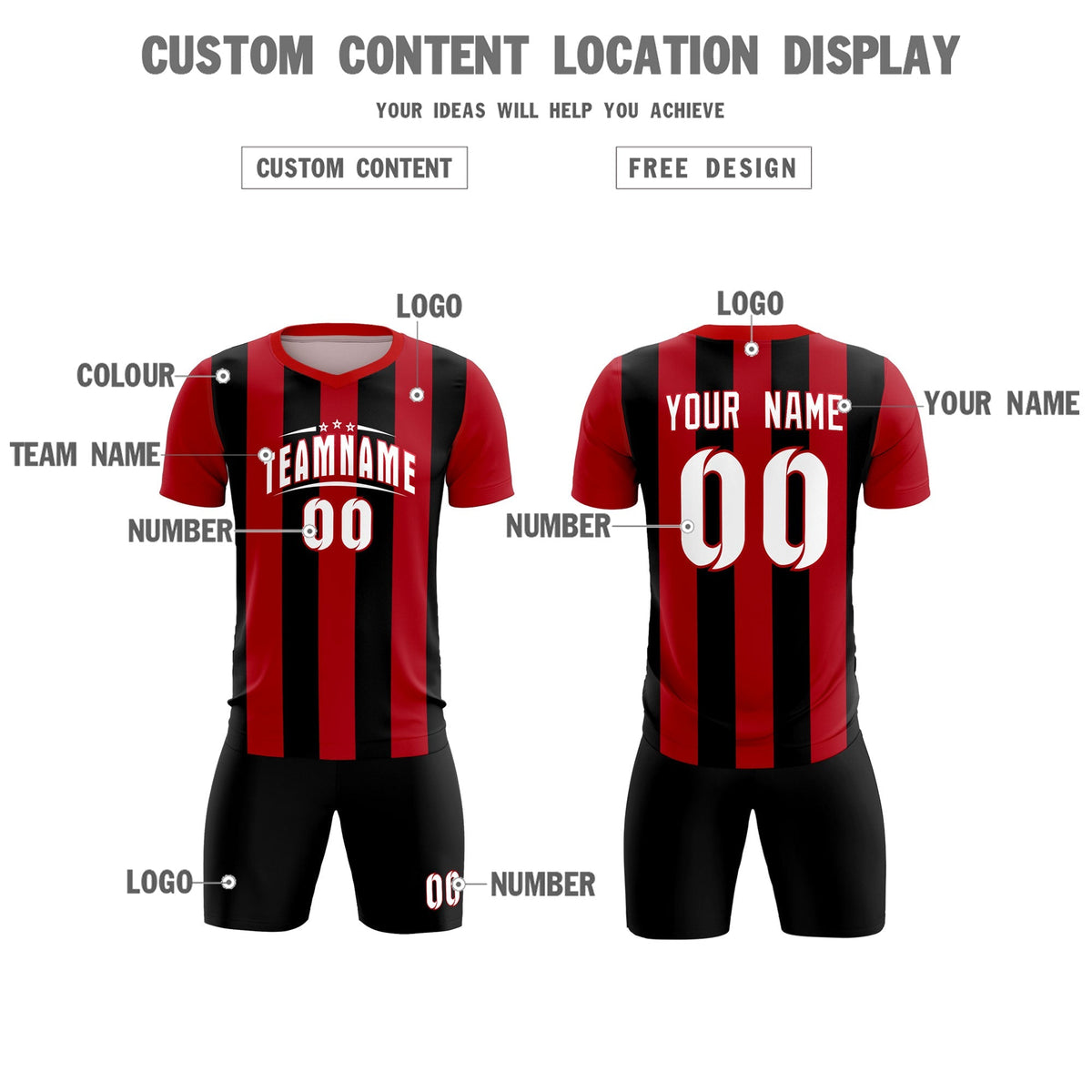 Custom Red Black Vertical Stripes Casual Outdoor Soccer Sets Jersey