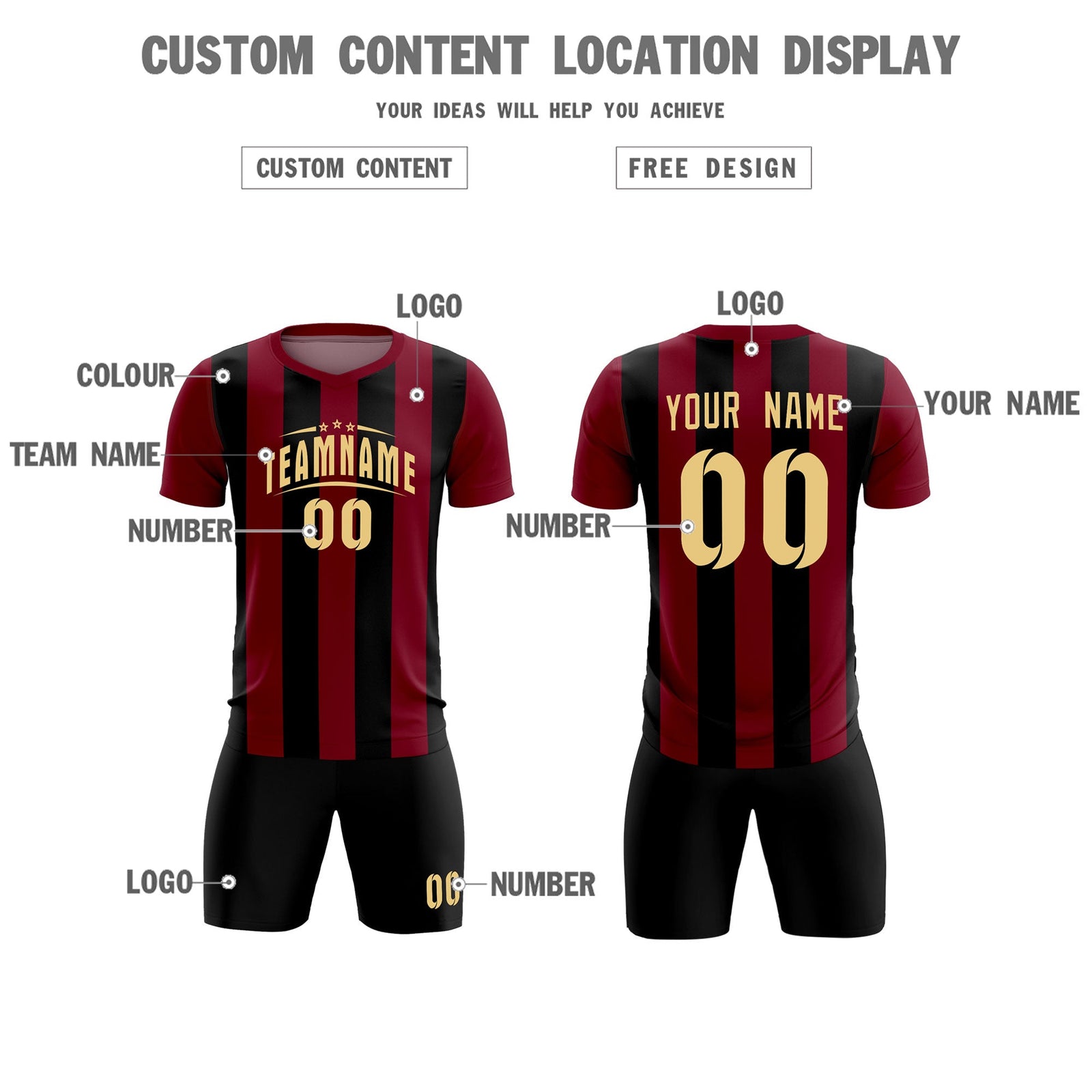 Custom Crimson Black Vertical Stripes Casual Outdoor Soccer Sets Jersey