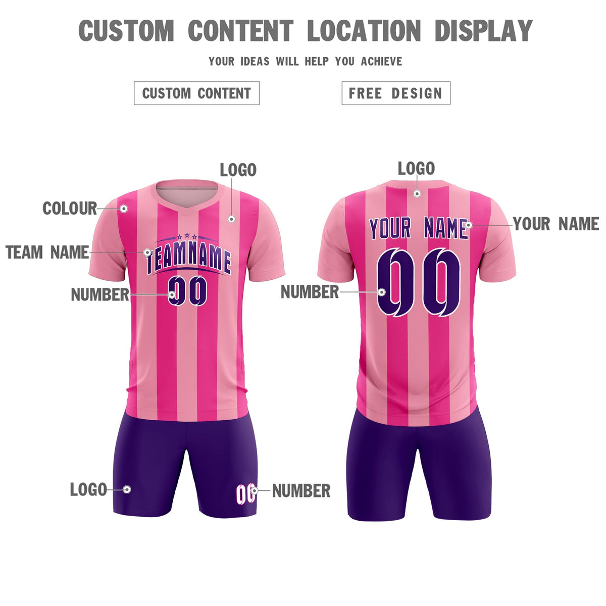 Custom Light Pink Pink Vertical Stripes Casual Outdoor Soccer Sets Jersey
