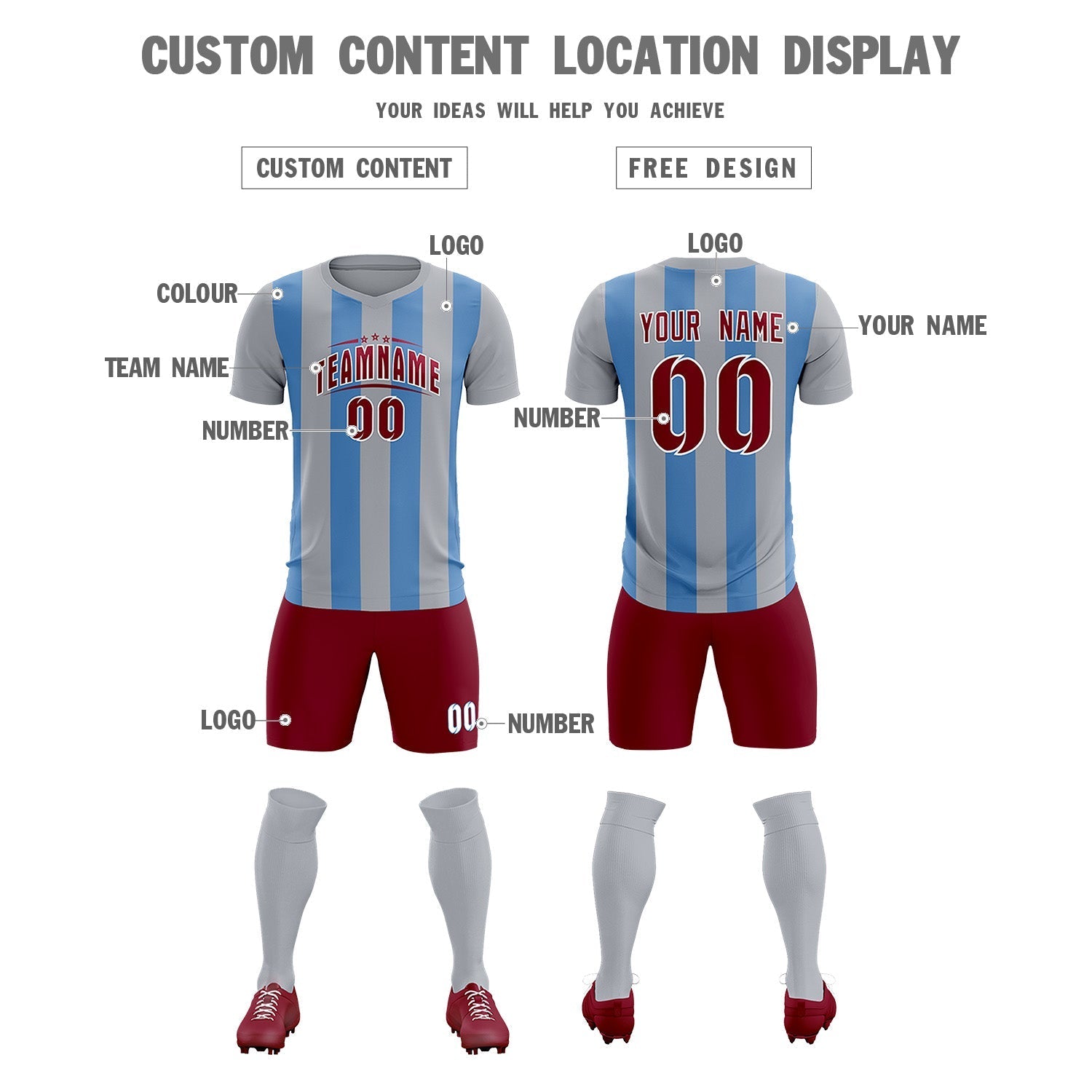 Custom Gray Light Blue Vertical Stripes Casual Outdoor Soccer Sets Jersey