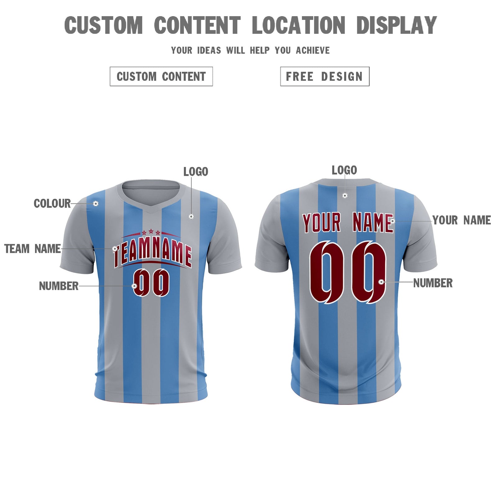 Custom Gray Light Blue Vertical Stripes Casual Outdoor Soccer Sets Jersey