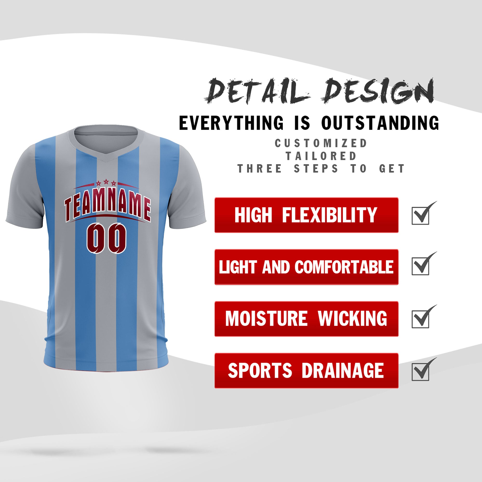 Custom Gray Light Blue Vertical Stripes Casual Outdoor Soccer Sets Jersey