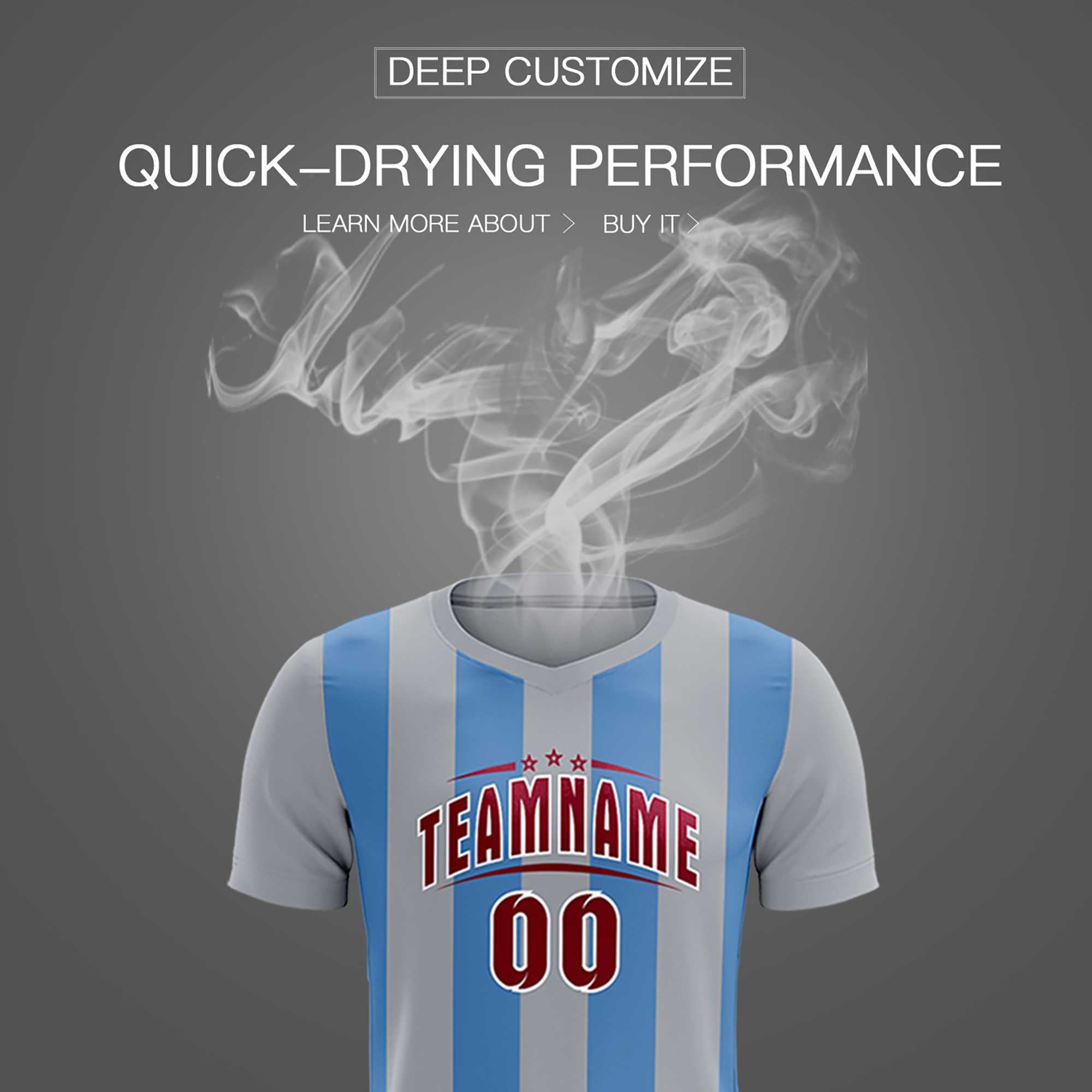 Custom Gray Light Blue Vertical Stripes Casual Outdoor Soccer Sets Jersey