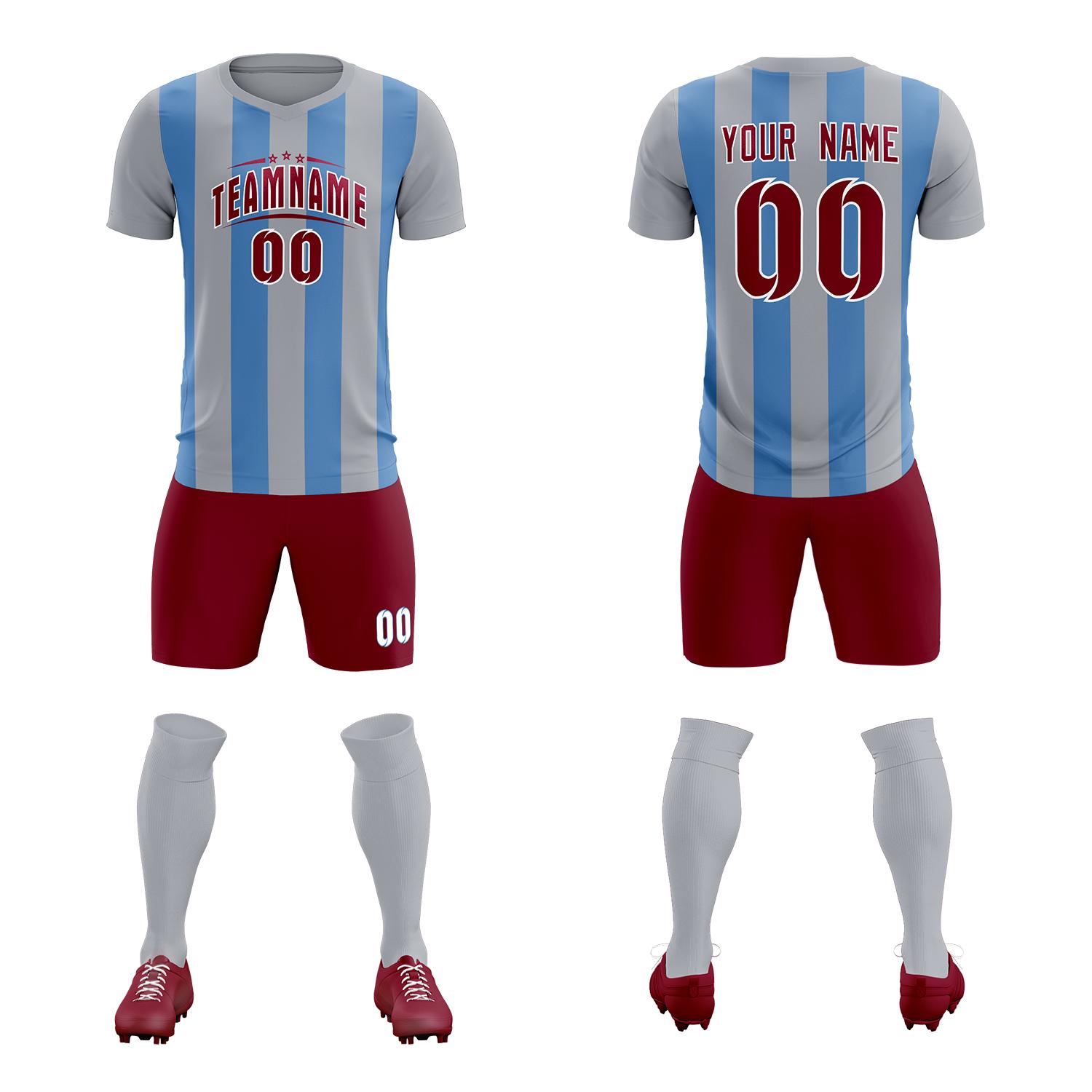 Custom Gray Light Blue Vertical Stripes Casual Outdoor Soccer Sets Jersey