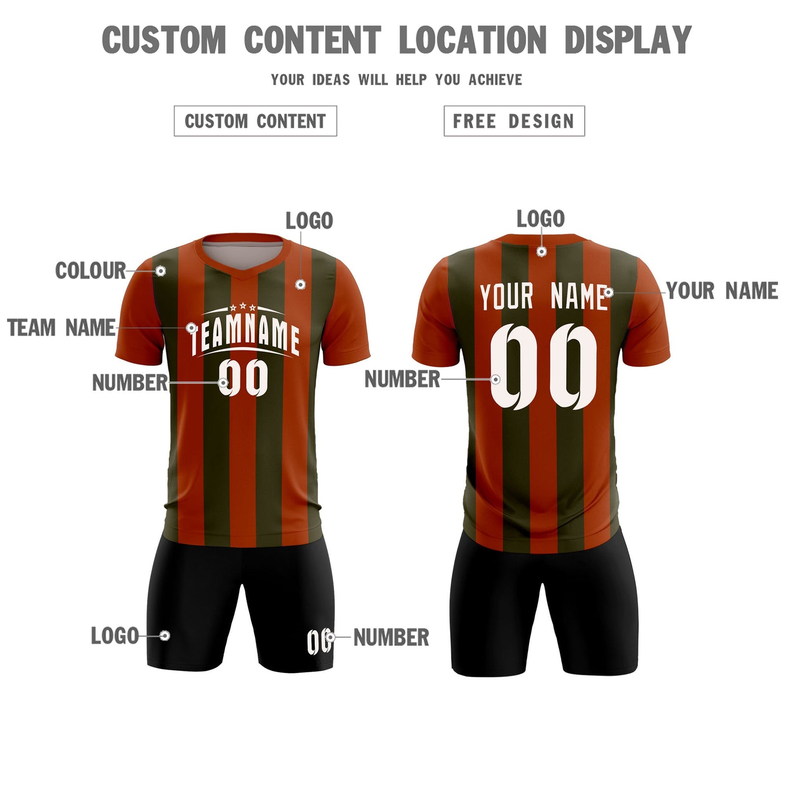 Custom Texas Orange Olive Vertical Stripes Casual Outdoor Soccer Sets Jersey