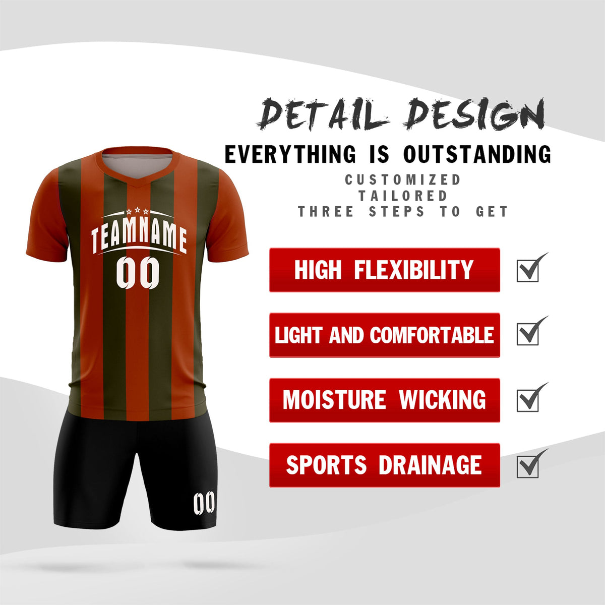 Custom Texas Orange Olive Vertical Stripes Casual Outdoor Soccer Sets Jersey