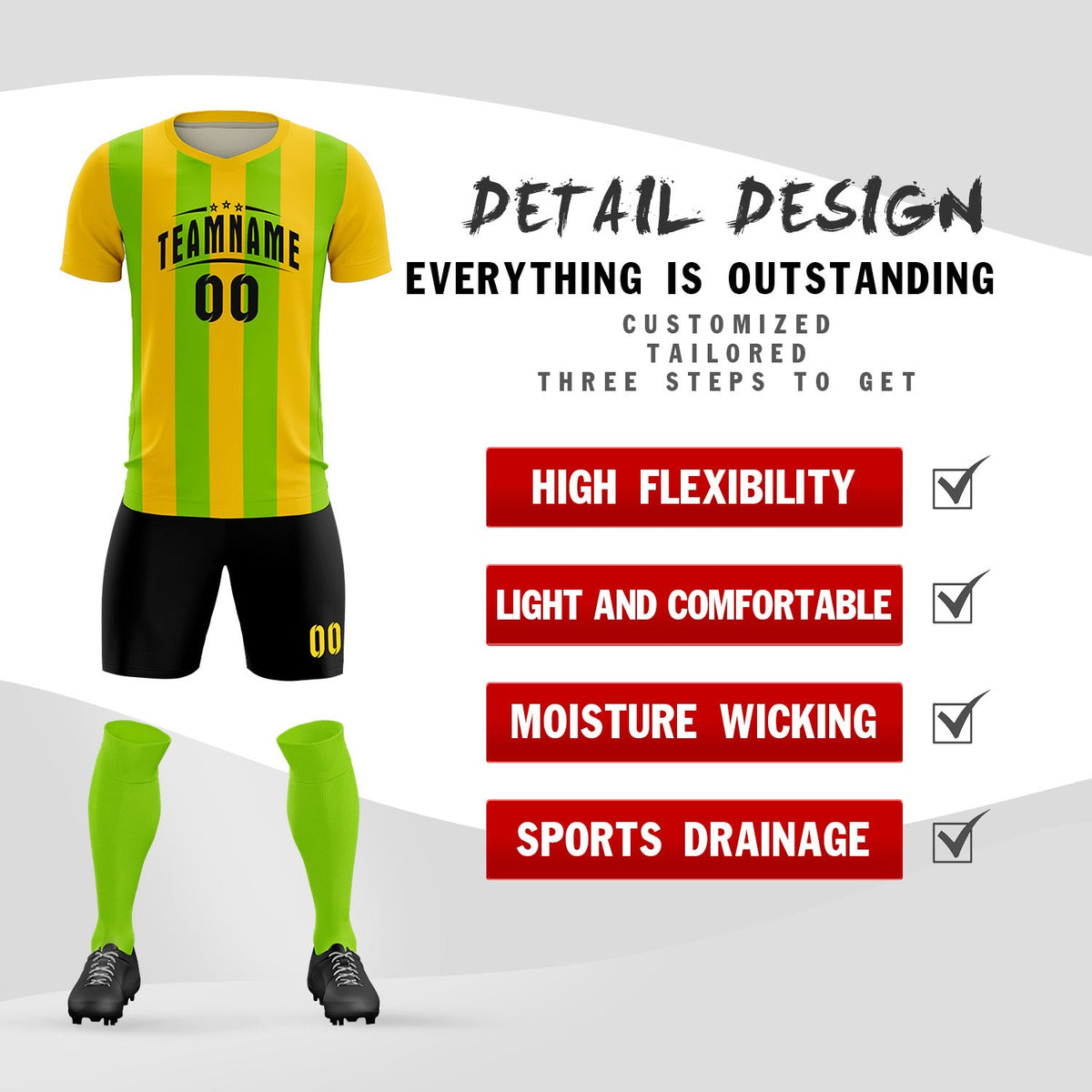 Custom Gold Neon Green Vertical Stripes Casual Outdoor Soccer Sets Jersey