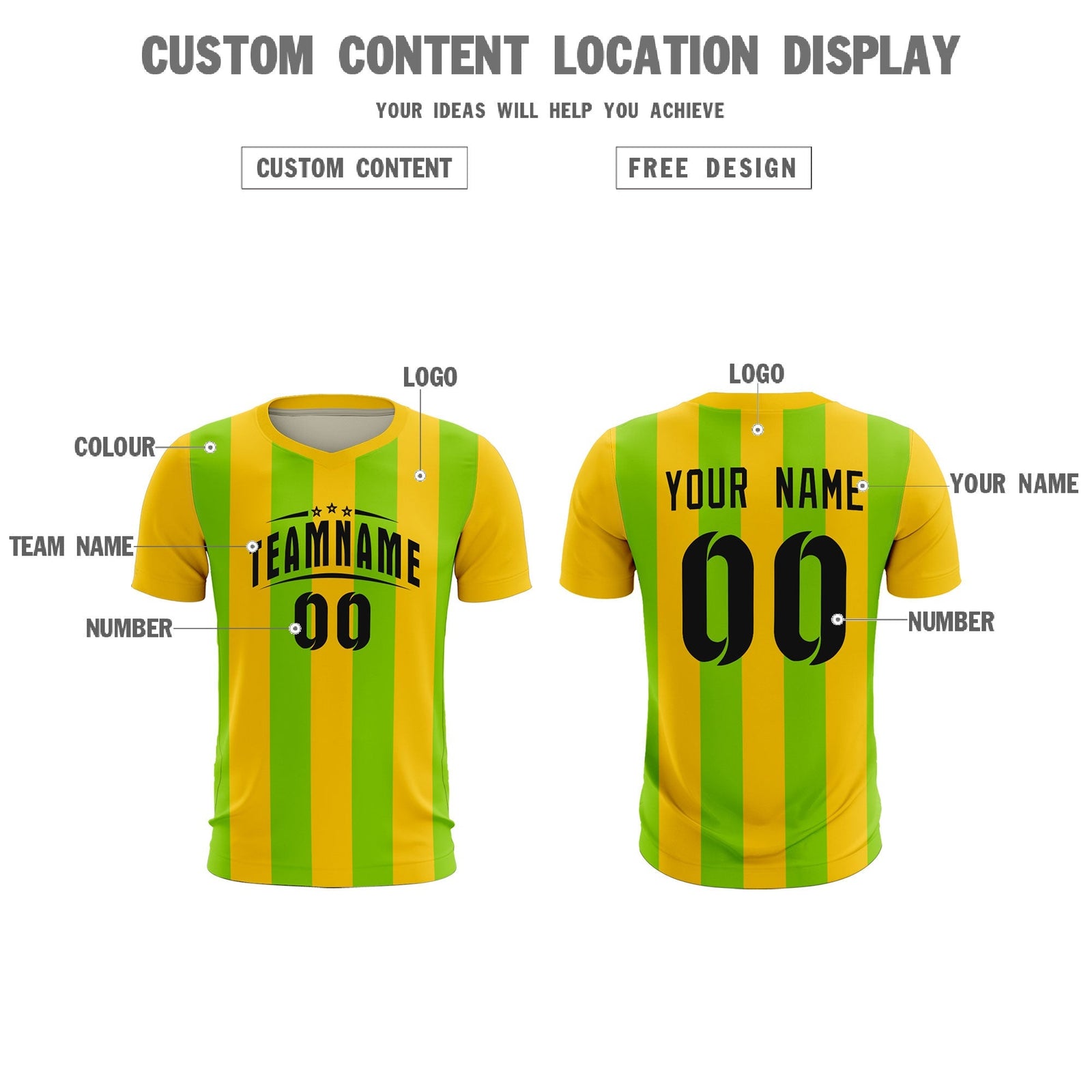 Custom Gold Neon Green Vertical Stripes Casual Outdoor Soccer Sets Jersey