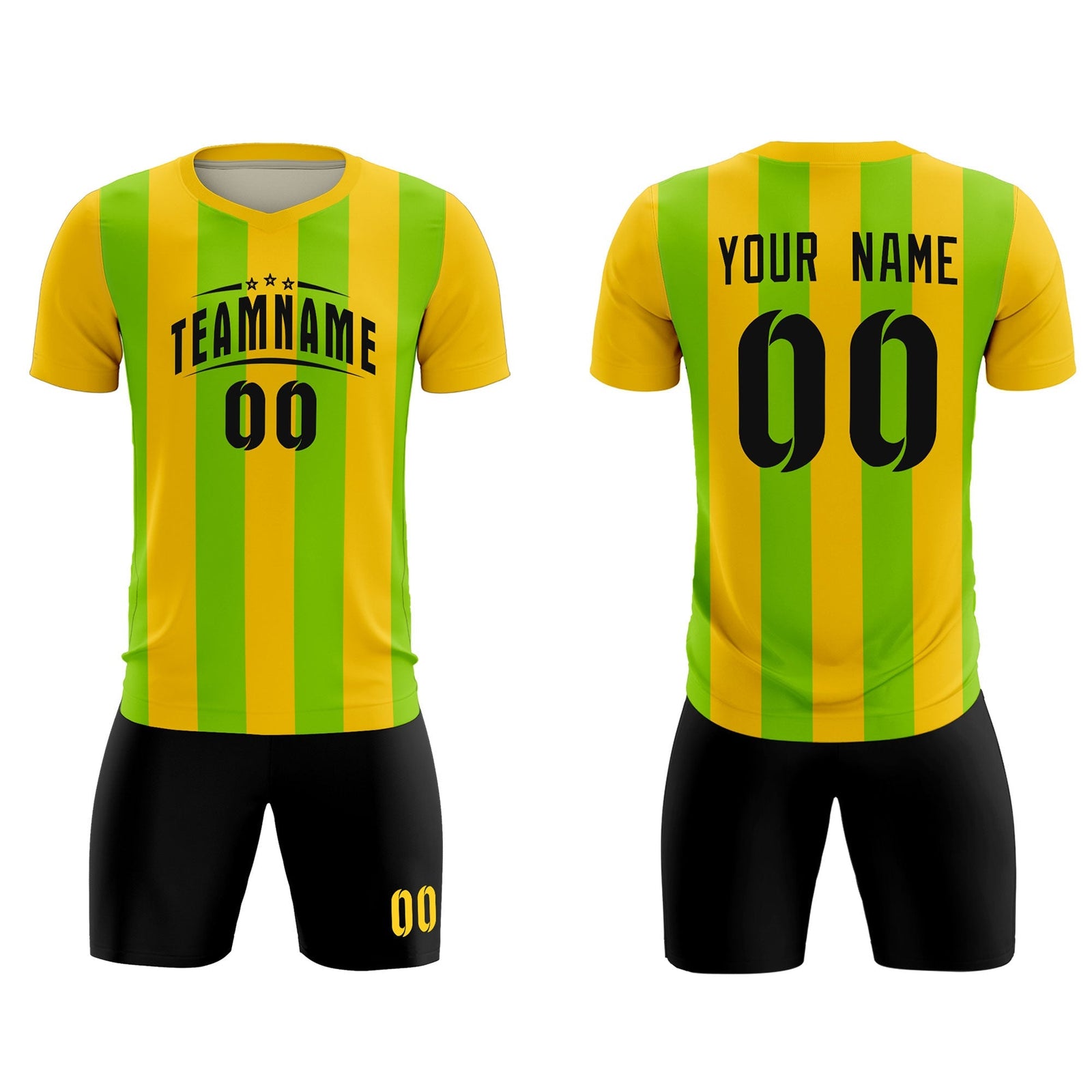 Custom Gold Neon Green Vertical Stripes Casual Outdoor Soccer Sets Jersey