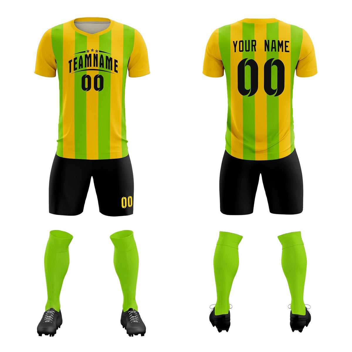 Custom Gold Neon Green Vertical Stripes Casual Outdoor Soccer Sets Jersey