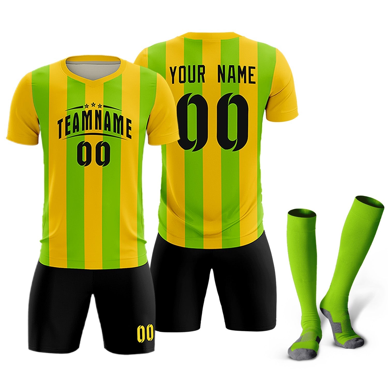 Custom Gold Neon Green Vertical Stripes Casual Outdoor Soccer Sets Jersey