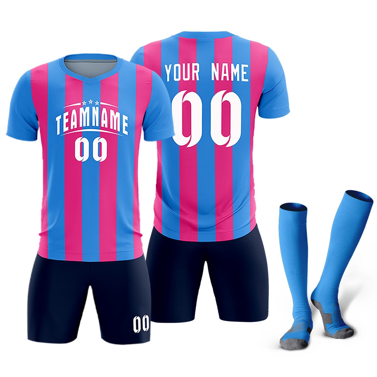 Custom Powder Blue Pink Vertical Stripes Casual Outdoor Soccer Sets Jersey