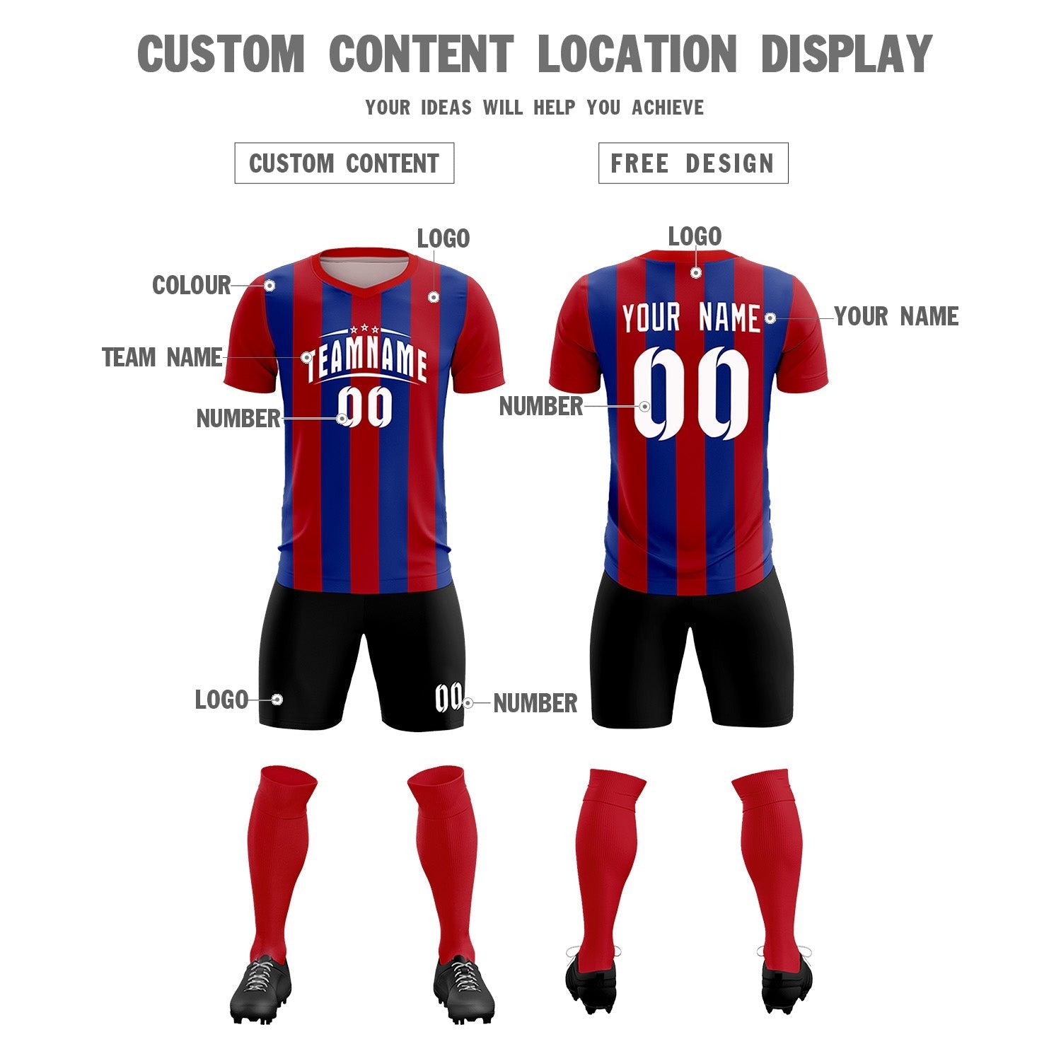Custom Red Royal Vertical Stripes Casual Outdoor Soccer Sets Jersey