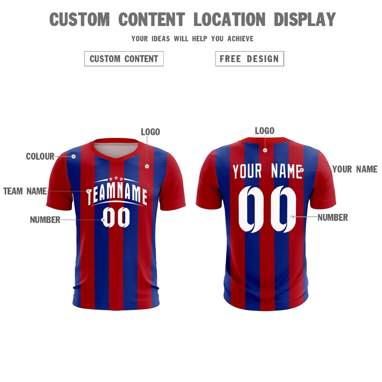 Custom Red Royal Vertical Stripes Casual Outdoor Soccer Sets Jersey