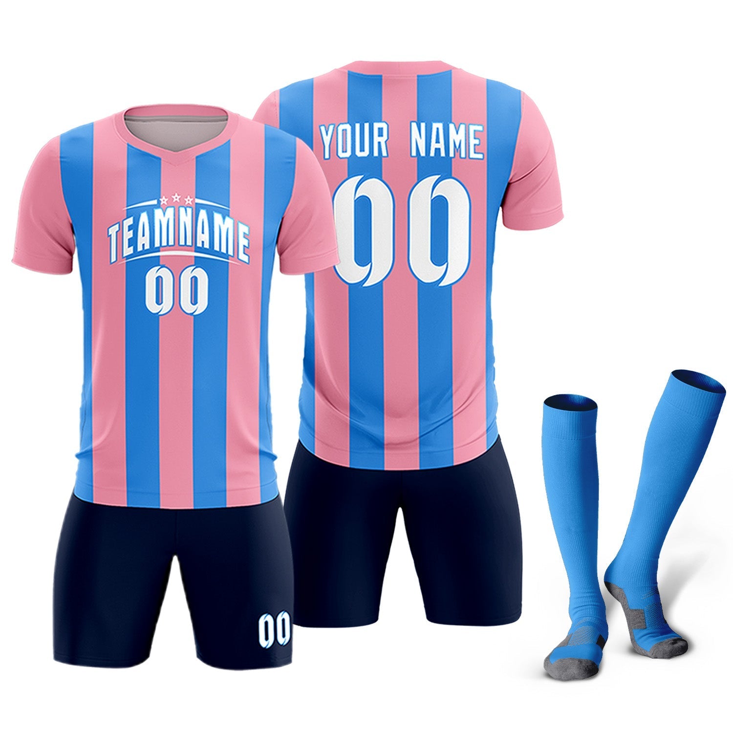 Custom Light Pink Powder Blue Vertical Stripes Casual Outdoor Soccer Sets Jersey