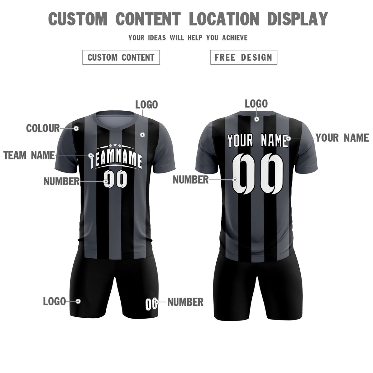Custom Dark Gray Black Vertical Stripes Casual Outdoor Soccer Sets Jersey