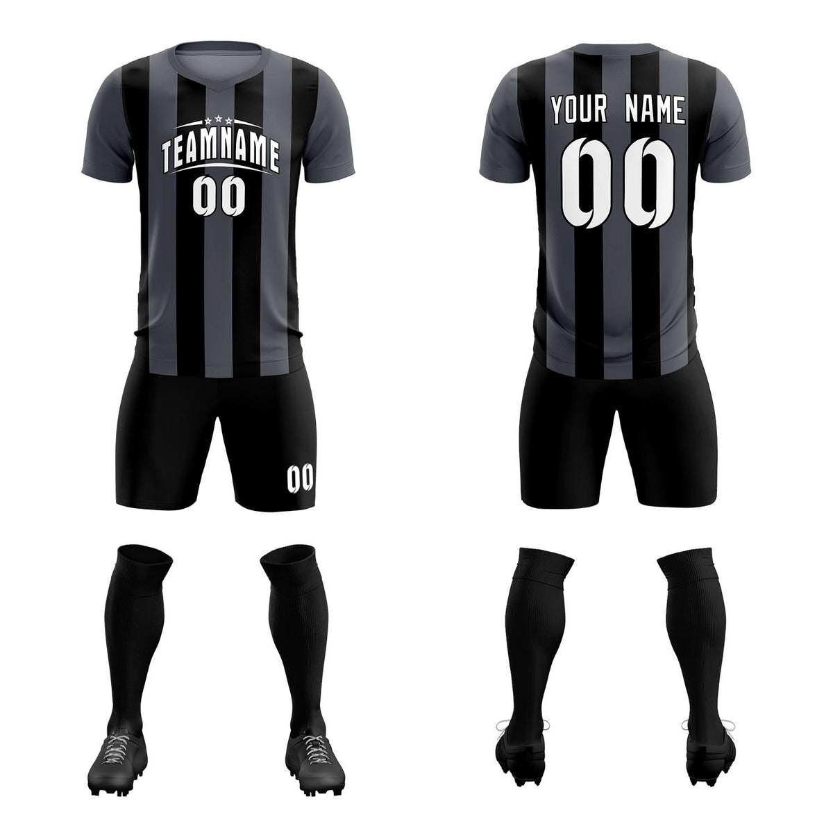 Custom Dark Gray Black Vertical Stripes Casual Outdoor Soccer Sets Jersey