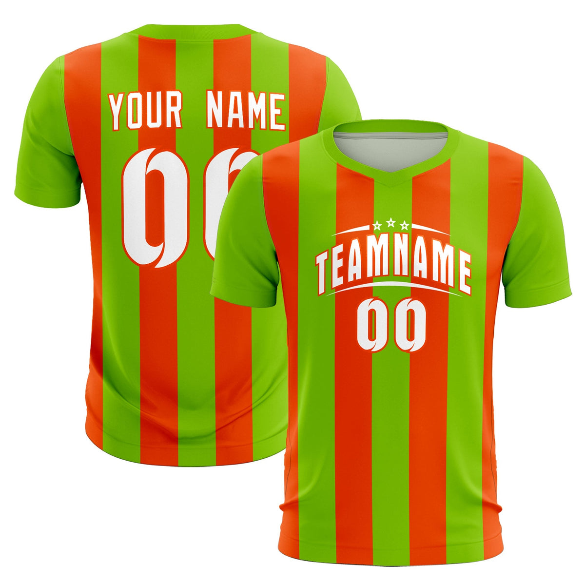 Custom Neon Green Orange Vertical Stripes Casual Outdoor Soccer Sets Jersey
