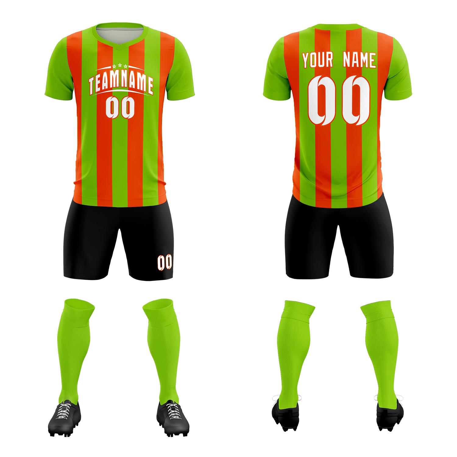 Custom Neon Green Orange Vertical Stripes Casual Outdoor Soccer Sets Jersey