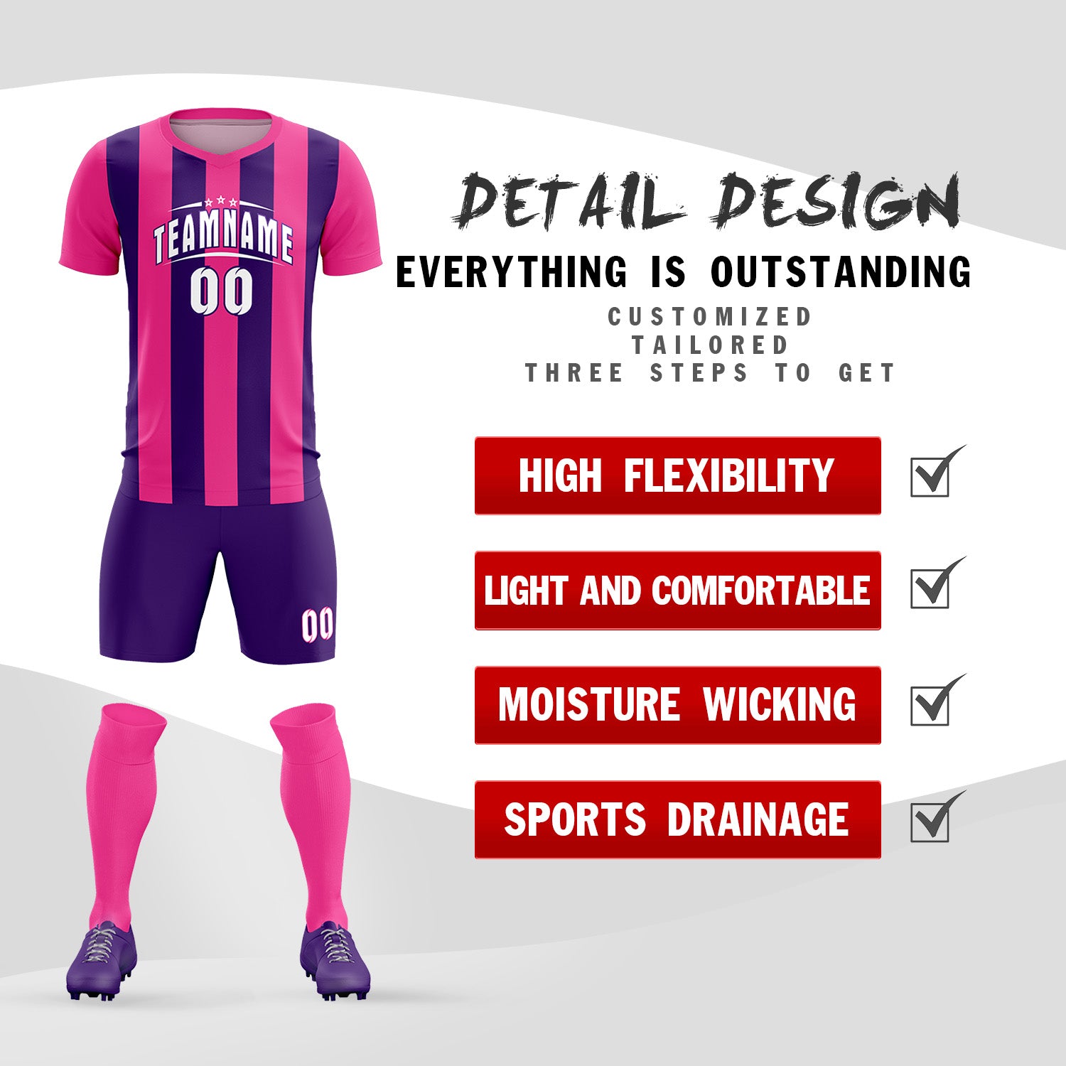 Custom Pink Purple Vertical Stripes Casual Outdoor Soccer Sets Jersey