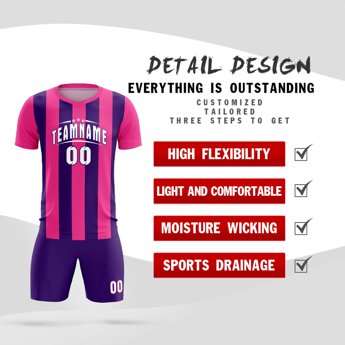 Custom Pink Purple Vertical Stripes Casual Outdoor Soccer Sets Jersey
