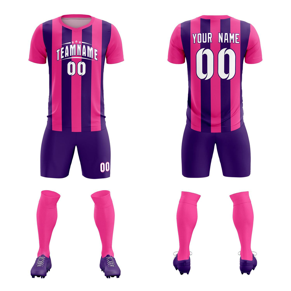 Custom Pink Purple Vertical Stripes Casual Outdoor Soccer Sets Jersey