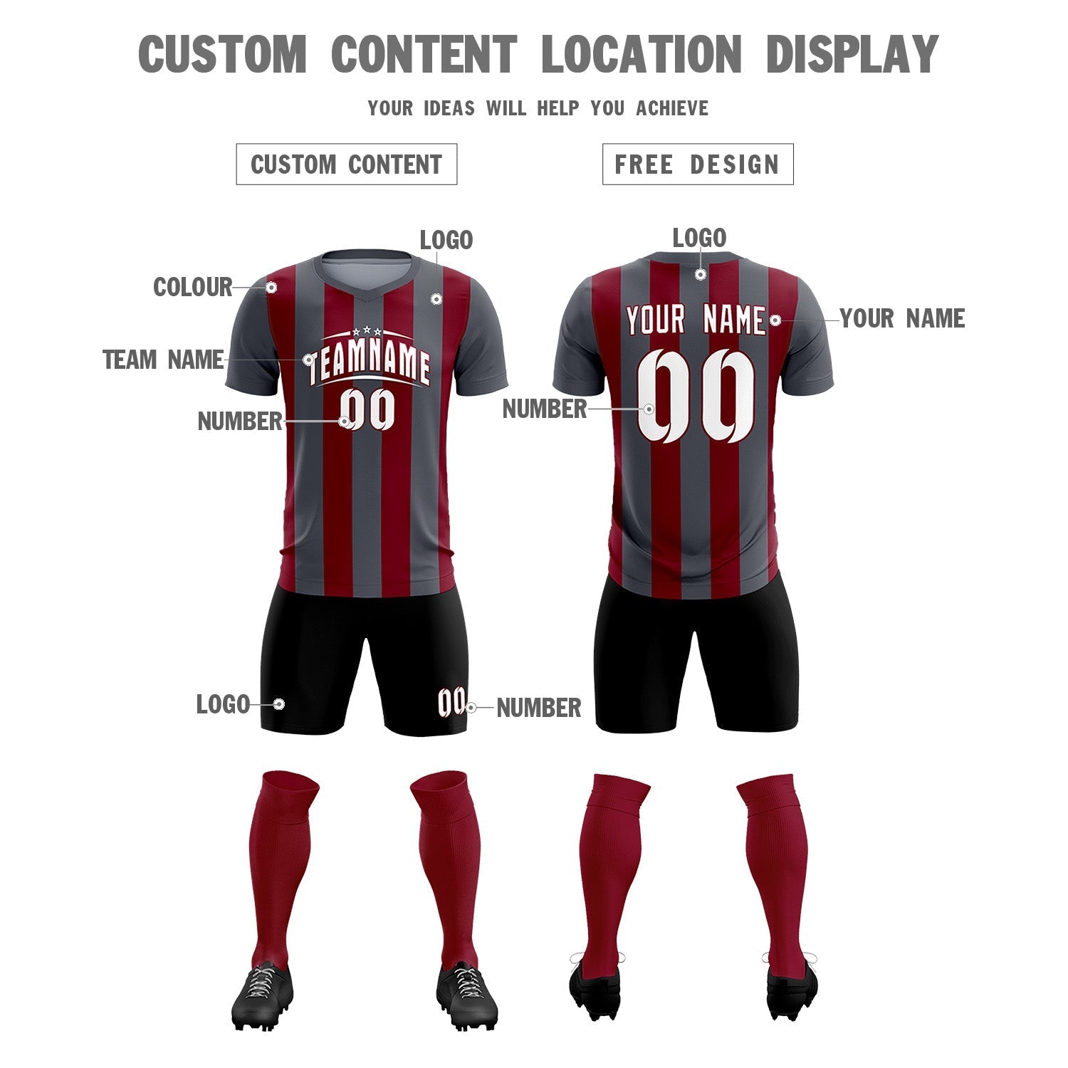 Custom Dark Gray Crimson Vertical Stripes Casual Outdoor Soccer Sets Jersey