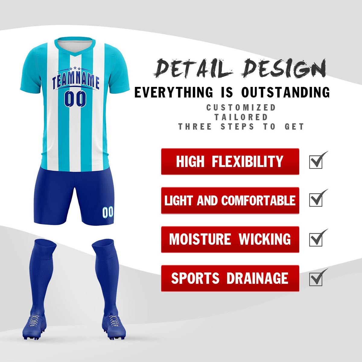 Custom White Sky Blue Vertical Stripes Casual Outdoor Soccer Sets Jersey