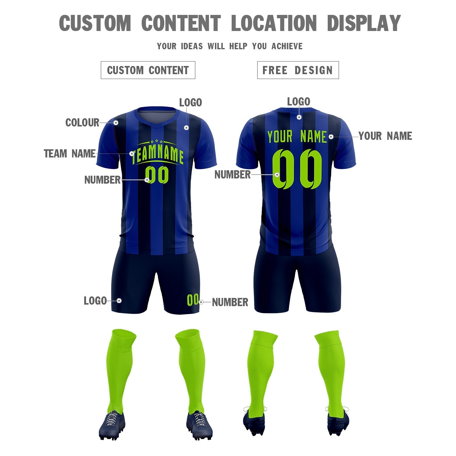 Custom Royal Navy Vertical Stripes Casual Outdoor Soccer Sets Jersey